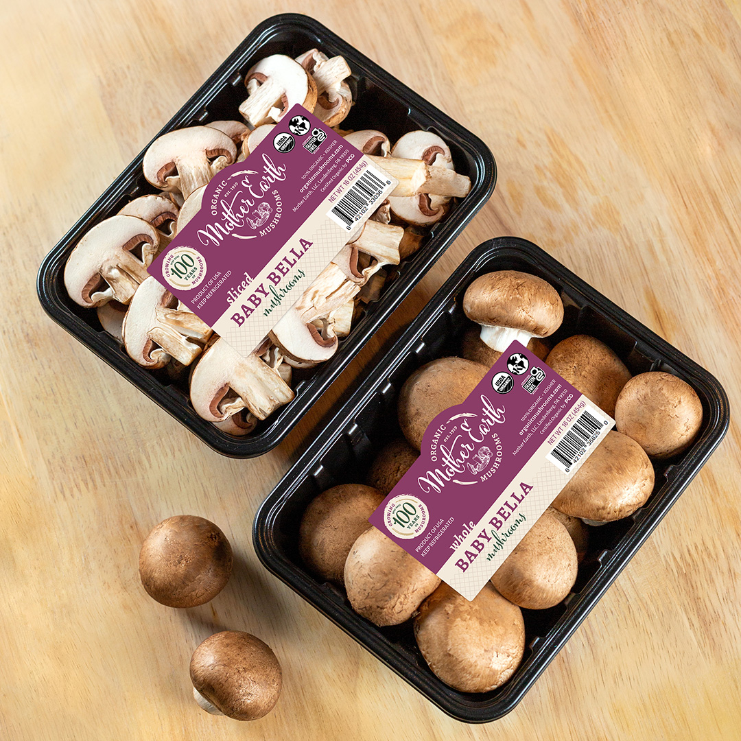 Mother Earth Organic Mushrooms label designs on mushroom products